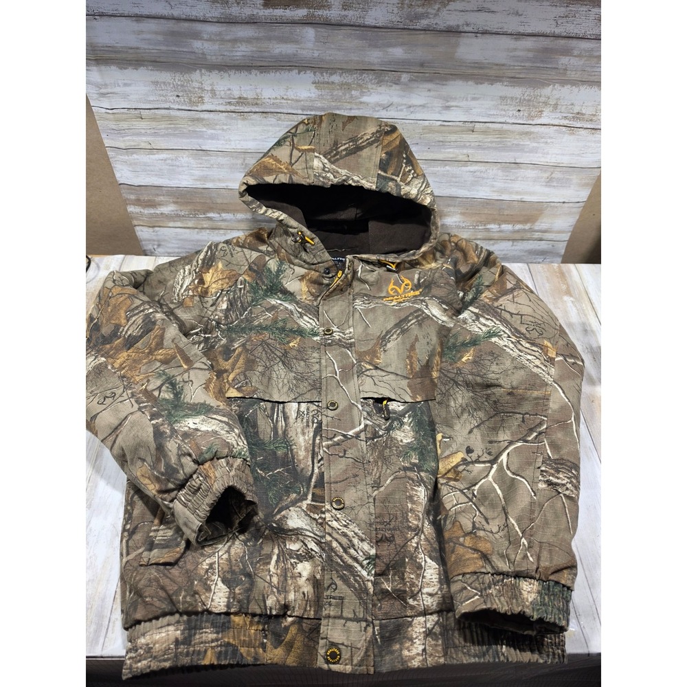 Realtree Xtra Camo Hooded Jacket Mens Medium Ripstop Fleece Lined Bomber Hunting